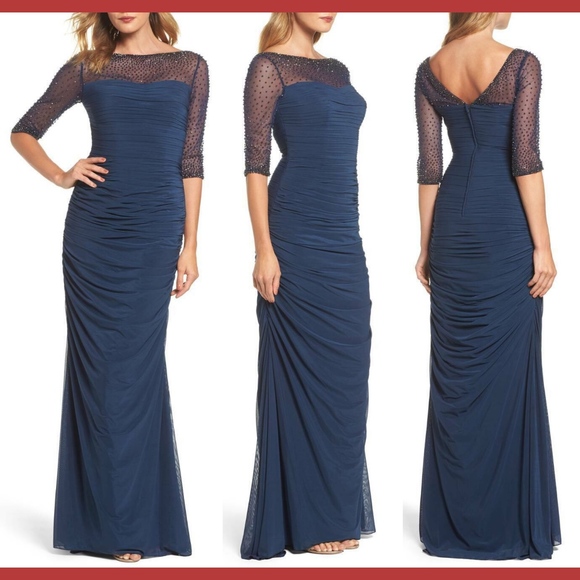 NWT $468 La Femme Embellished Mesh Ruched Jersey Gown [SZ‎ 6 ] - Picture 1 of 11